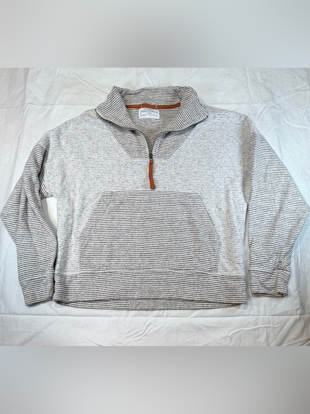 REI Cooperative womans Quarter-Zip Knit Sweater in Light Gray and Brown Trim